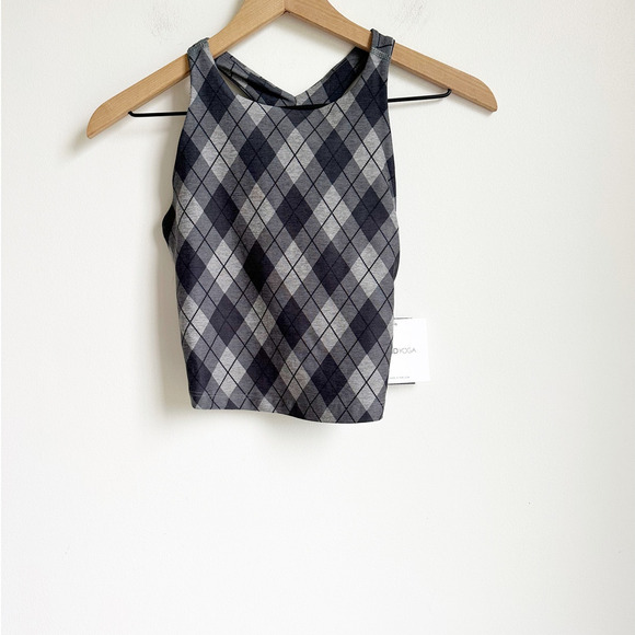 NWT Beyond Yoga Argyle plaid Refocus Cropped Tank S Black Gray - Picture 2 of 4